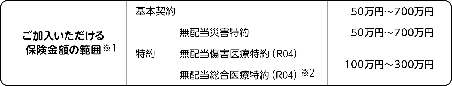 ご加入いただける保険金額の範囲※1として、基本契約は50~700万円、無配当災害特約は50~700万円、無配当傷害医療特約(R04)および無配当総合医療特約(R04)※2は100~300万円となります。