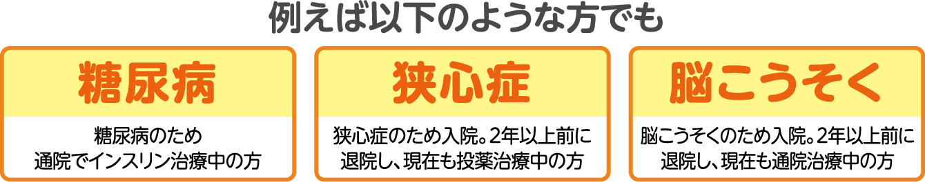 例えば、糖尿病のため通院でインスリン治療中の方、狭心症のため入院。2年以上前に退院し、現在も投薬治療中の方、脳こうそくのため入院。2年以上前に退院し、現在も通院治療中の方でも